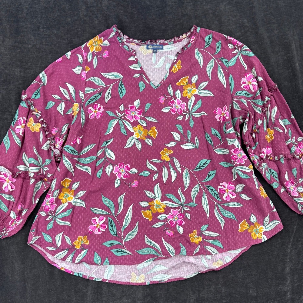 Democracy Womens 1X Beet Red Floral Boho Flowy Peasant Puff Ruffle Sleeve V-Neck - Picture 2 of 11